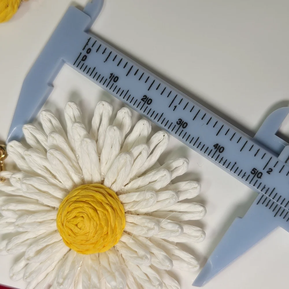 White Raffia Daisy Flower Earrings Boho Coastal Statement Spring Summer Jewelry